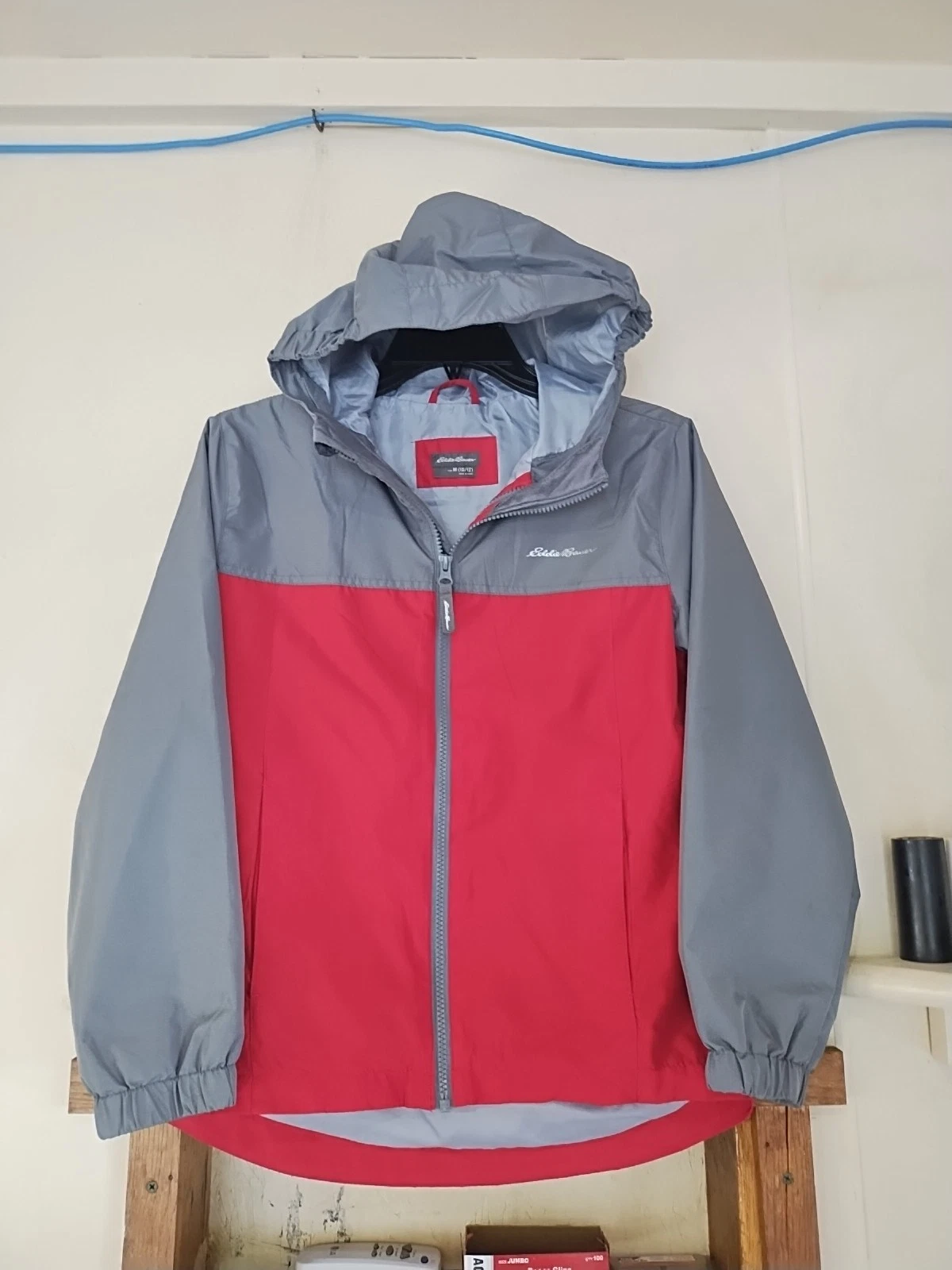 Eddie Bauer Rain Windbreaker Jacket Hooded Red/Gray Youth Kids Size M 10/12