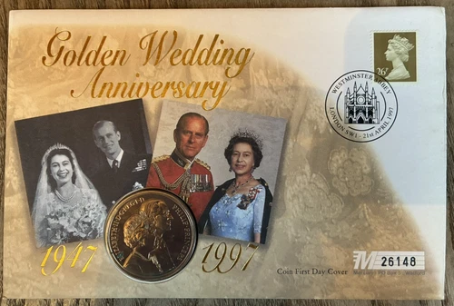 GB 1997 Mercury £5 coin cover for Golden Wedding Anniversary PNC with spec pmk