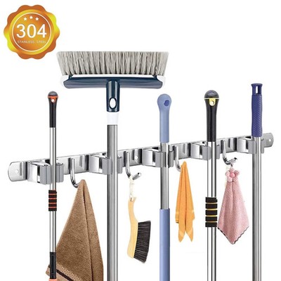 Wall Mounted Broom Holder - 5 Racks, 4 Hooks, Stainless Steel