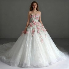 Elegant 3D Pink Flower Wedding Dress Strapless A-line Backless Tulle Bridal Gown