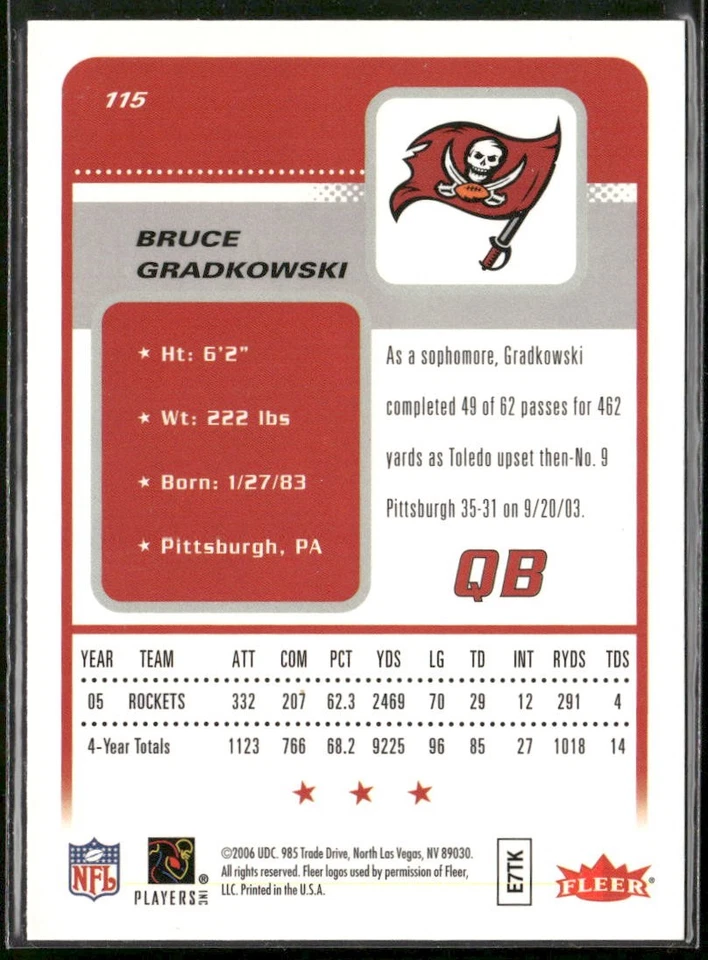 2006 Fleer Bruce Gradkowski RC #115 Tampa Bay Buccaneers - Image 2 of 2