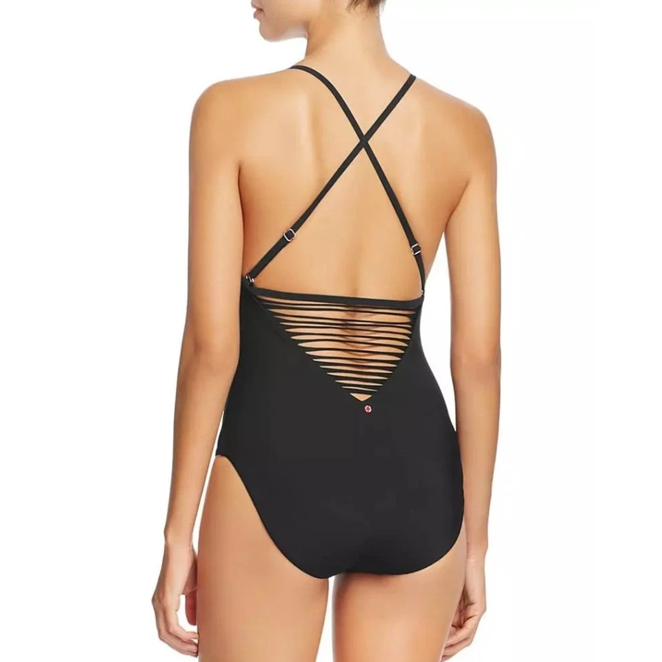 Traje de baño de una pieza Red Carter para mujer negro con tiras Plunge Mio cuello alto talla S Foto 2 de 4