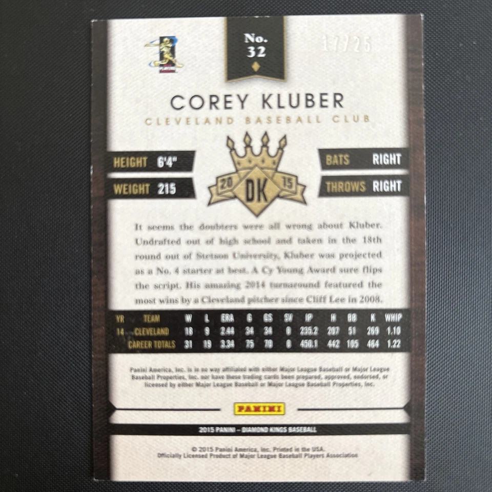 2015 Panini Diamond Kings - Corey Kluber #32 Gold /25 - Image 2 of 2