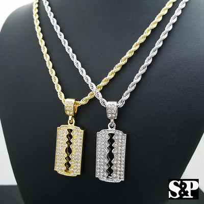 Fashion Iced Barber Shop Razor Blade Pendant & 4mm 24