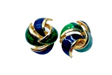 Clip on Earrings - Twist Design - Gold, Green, & Blue - Fashion Costume Jewelry