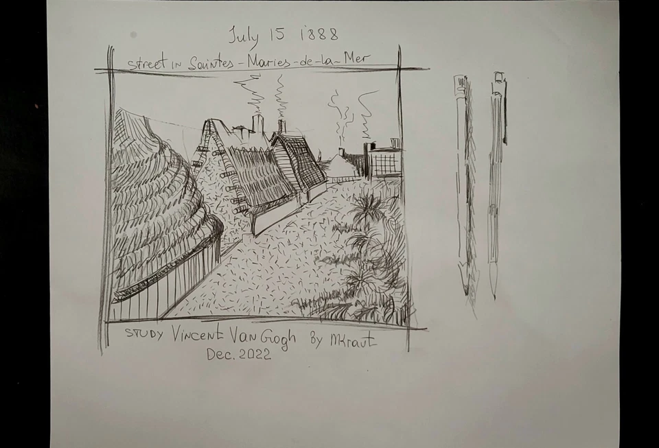 Dibujo inspirado en Van Gogh estudio escena callejera arte paisajístico 8,5x11 firmado fechado MK Foto 2 de 4