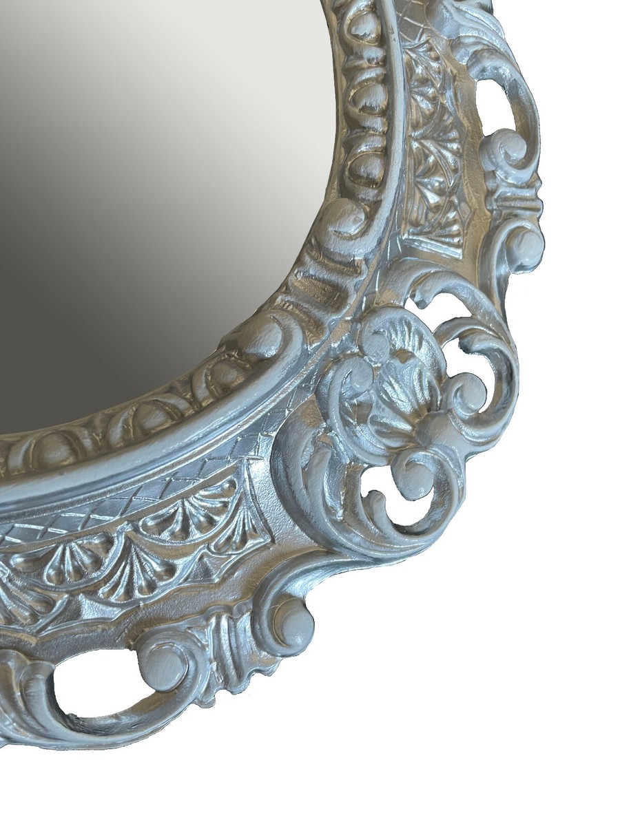 Specchio Muro Bianco Argento Ovale 45x38 Barocco Antico Repro