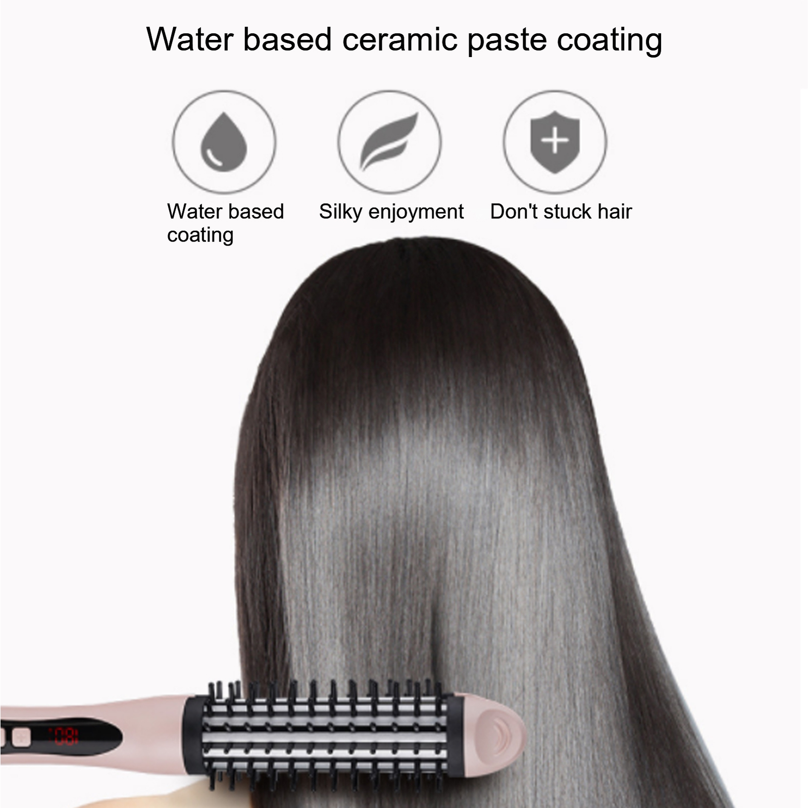 US Plug 2‑in‑1 Hair Straightener Flat Iron Hot Round Brush Hair