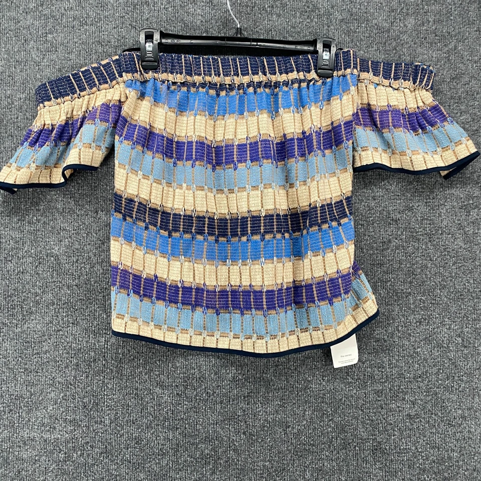 Blusa Top Milly Mujer S Azul Rayas Fuera del Hombro Cottagecore Campesina Boho Foto 4 de 4