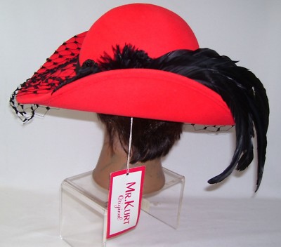 Vintage Hat Red & Black Wide Brim Veil Net Feathers Mr. Kurt  display picture 3