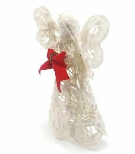 White Angel Crochet w/Red Ribbon Handmade Ornament Vintage Holiday Décor Gift 4" - Picture 2 of 5