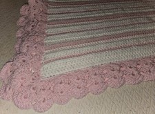 Handmade Crochet Knit Pink  White Baby Blanket 41" x 41" Border Shell Shape