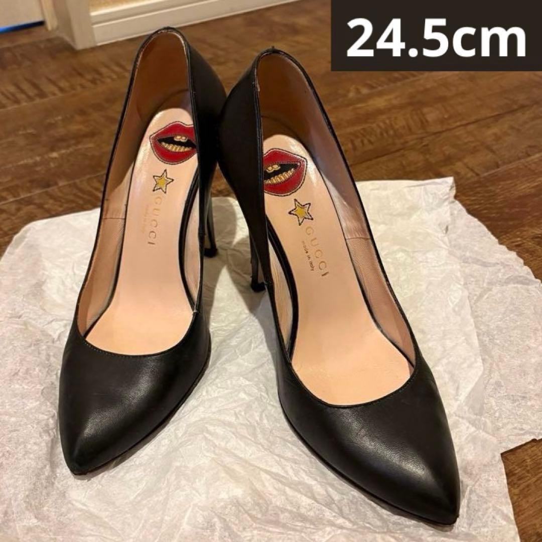 GUCCI Heel Leather Pumps Black EU 37.5 135188K Authentic