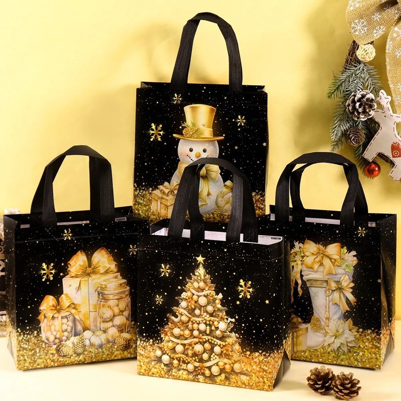 Christmas Gift Bags 4/8 Pack, Black Gold Santa Tote Bags for Holiday Party Gifts