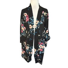 JET John Eshaya Black Floral Rayon Crepe Kimono Cardigan One Size Made in USA