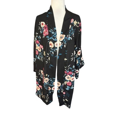 JET John Eshaya Black Floral Rayon Crepe Kimono Cardigan One Size Made in USA