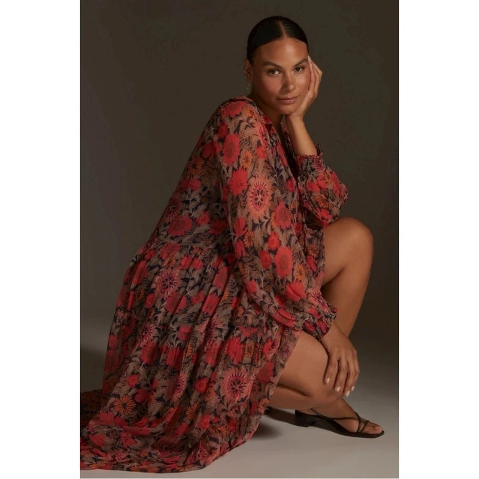 Anthropologie Marais estampado chiffon maxi em motivo vermelho plus size 2X boêmio - Imagem 2 de 4