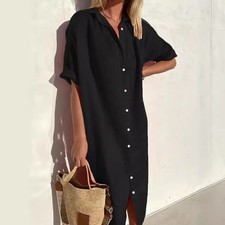 Womens Linen Cotton Casual Loose Short Sleeve Summer Button Up Long Blouse Dress