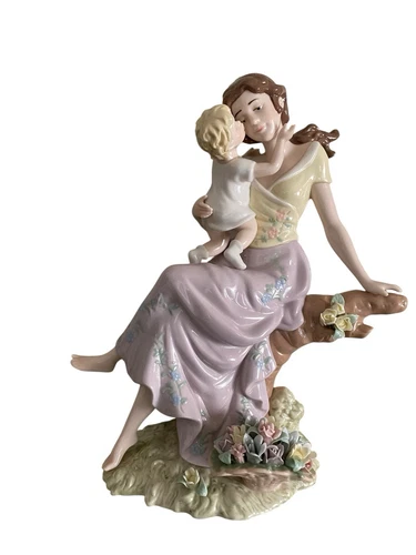 Rare Ceramic Status Mother & Child Sitting On Tree Branch Figurine Home Decor