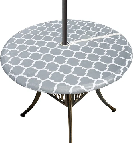 Round Outdoor Tablecloth with Umbrella Hole, Vinyl Patio Table Cover with Zipper - Picture 1 of 12