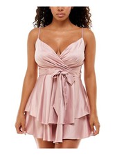 B DARLIN Womens Mini Dress Pink Belted Spaghetti Strap Skirt Juniors 910