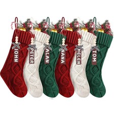 Set of 6 Personalized Christmas Stockings with Wooden Name Tags, 18" Xmas Cab...