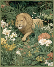 Calm Golden Lion Reclining in a Lush Formal Flower Garden