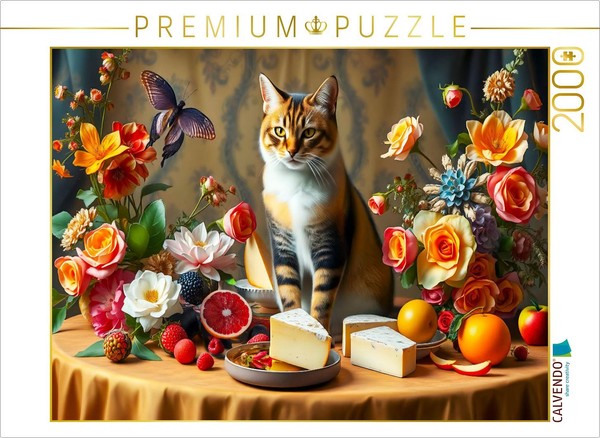 Calvendo Puzzle Cat On A Table With Flowers And Fruit In The Style Of The Old Ma-image
