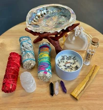 Spiritual Smudge Kit: Sage, Palo Santo, Crystals, Abalone Shell, Candle, Feather
