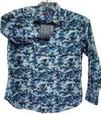 Robert Graham Mens Large Blue Geometric Pattern Flip Cuff Dress Shirt Q19 