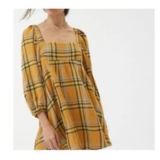 Urban Outfitters Mini Dress Yellow peasant Plaid Square Neck Tie Back XS NWT
