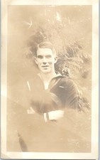 1940s Portrait Handsome Young US Navy Sailor Arms Crossed Trees Vintage Photo