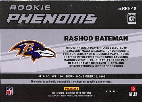 2021 Donruss Optic RASHOD BATEMAN (RC) Ravens Rookie Patch Red Prizm - Picture 2 of 2