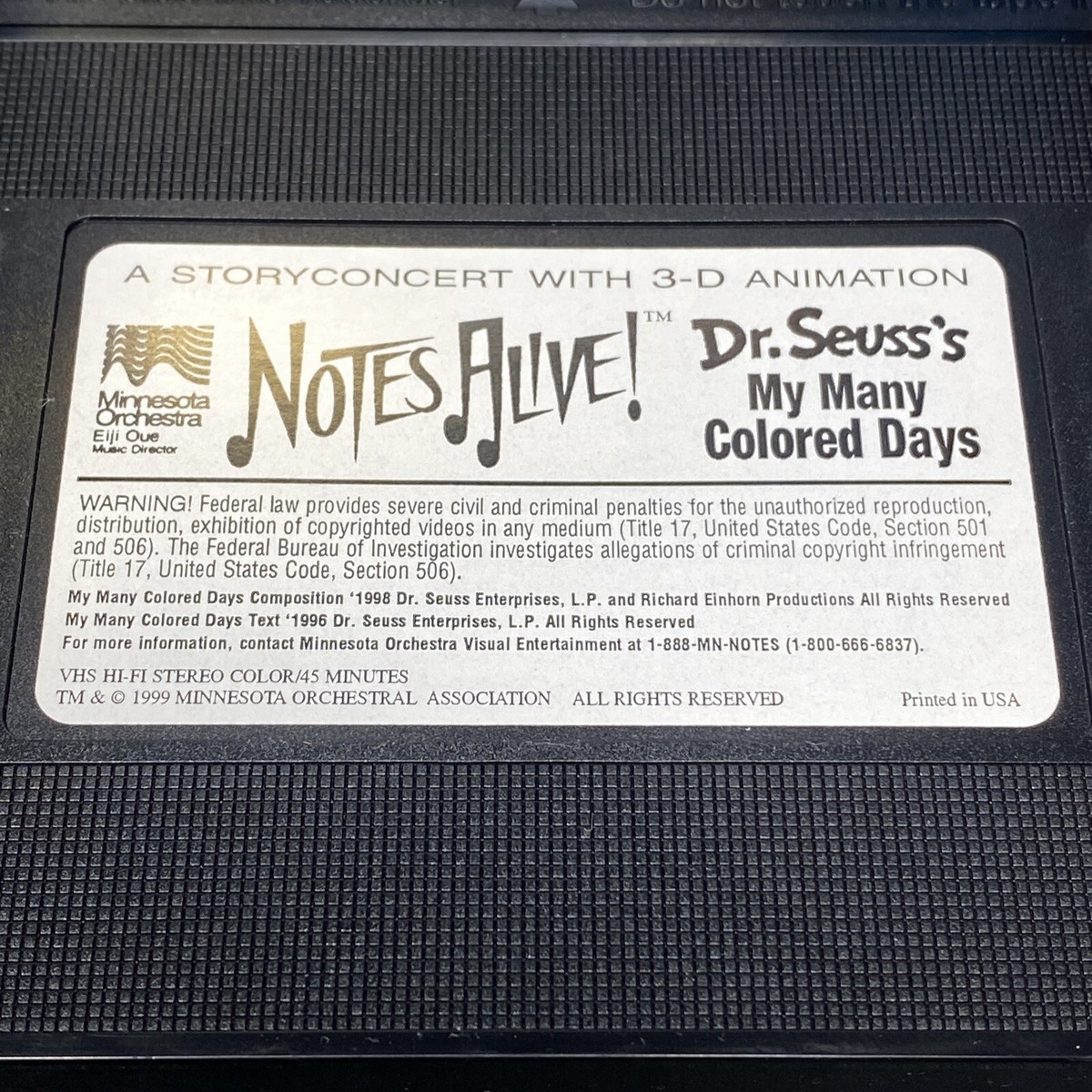 Dr Seuss's Notes Alive My Many Colored Days VHS 1999 Minnesota