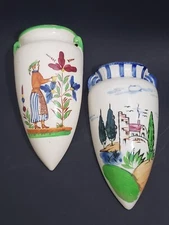 2 Vintage Wall Pocket Vases 1950s Quimper Style Ceramic Hand Painted Japan