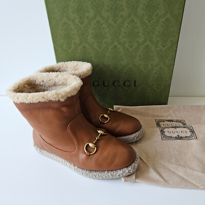Gucci Fria Shearling Caremel Brown Horsebit Leather Ankle Boots 36