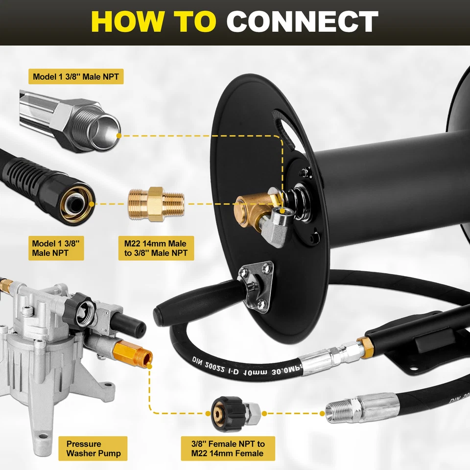 Carrete de manguera de lavadora a presión con manguera de puente para 3/8" NPT X100 pies 4000 PSI retráctil Foto 2 de 4