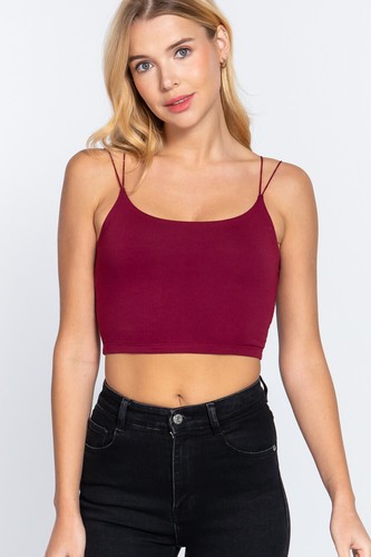 Women Round Neck Two Ply Knit Cami Crop Top Double Elastic Strap - Picture 15 of 86