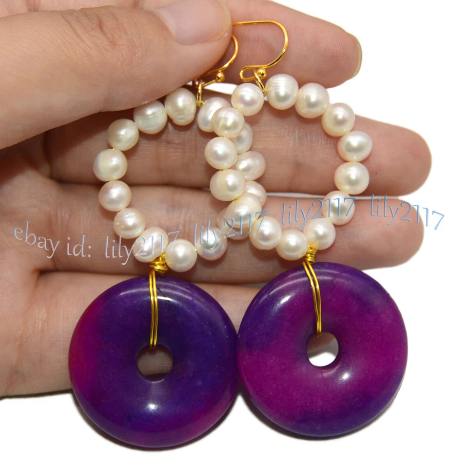 Pendientes de gancho colgantes circulares de perlas blancas de 30 mm Sugilite Donut de 5-6 mm Foto 3 de 4