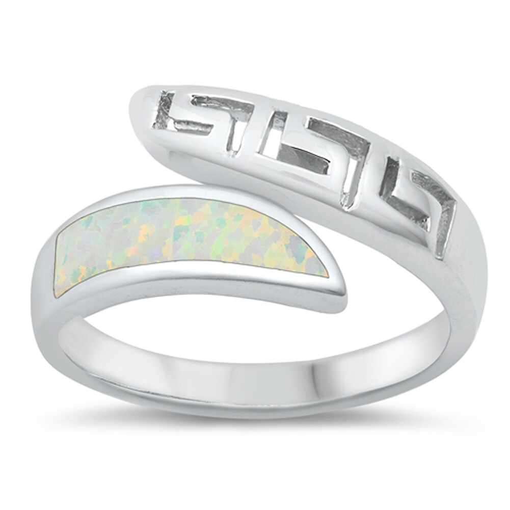 White Lab Opal Greek Key Open Ring New Sterling Silver Band