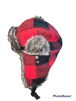 Men's Goodfellow Faux Fur Trapper Hat Red Plaid OSFM