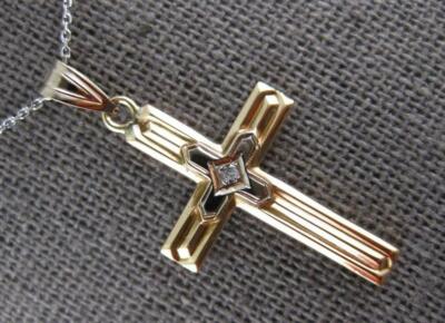 ANTIQUE .02CT OLD MINE DIAMOND 14KT 2 TONE GOLD 3D CROSS FLOATING PENDANT #27383