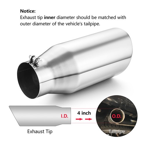Diesel Exhaust Tip 4" Inlet, 6" Outlet 15" Long Rolled Edge Angle Polished - Foto 8 di 11