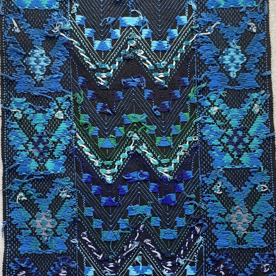 Hand Woven 45x15.5 Blue Textile Wall Art Hanging Fringe Colorful Table Runner - Image 4 of 4