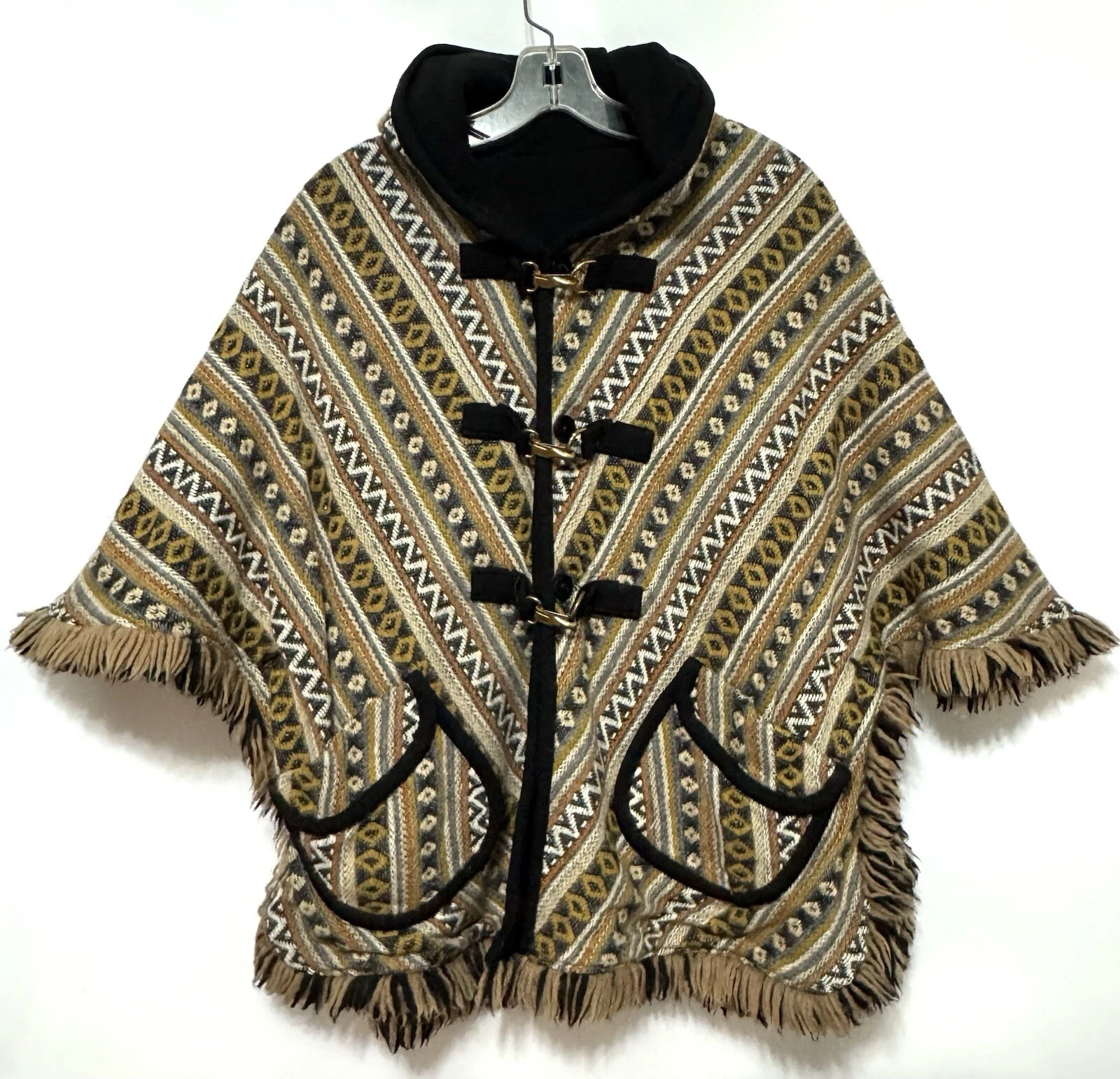 Vintage Wool Reversible Cape Poncho Hooded Fringe 70’s Aztec OS