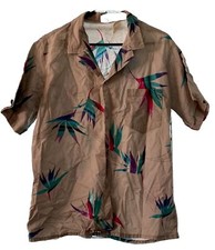 Vintage Ocean Pacific OP Mens Hawaiian Shirt Large Beige Birds Of Paradise Teal