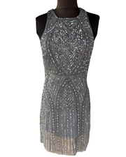 BNWT VTG 90s Aidan Mattox Silver Gray Sleeveless Short Sequin Beaded Dress 6