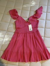 LoveShackFancy Women Pink Crinkle Cotton Ivella Flutter Sleeve Mini Dress Size S