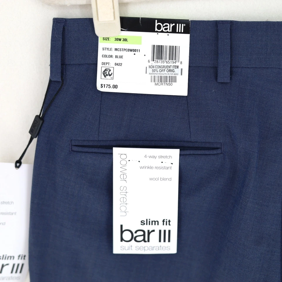 Bar III Para hombres Azul Sólido Mezcla de Lana Traje Ajustado Pantalones de Vestir Talla 30W 30L Foto 4 de 4