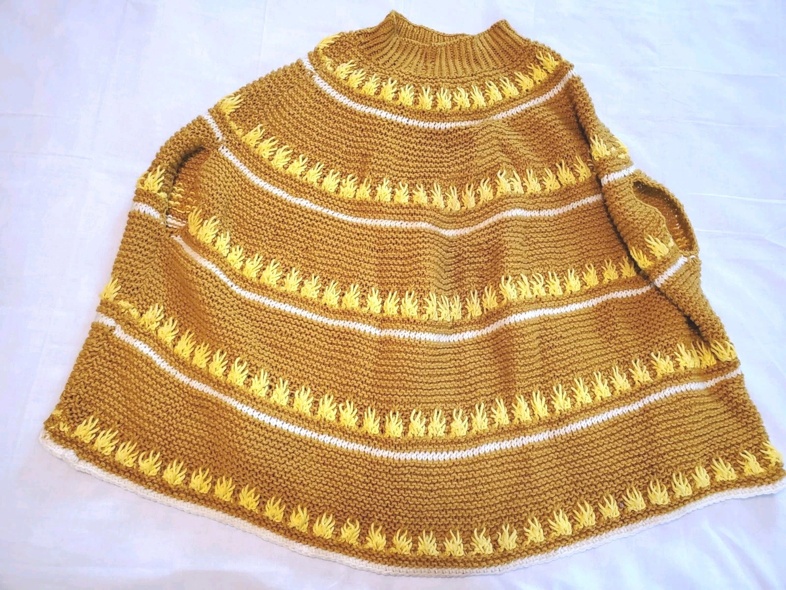 Vintage 70s Women Homemade Handmade Knit Crochet Mustard Yellow Gold Poncho Cape